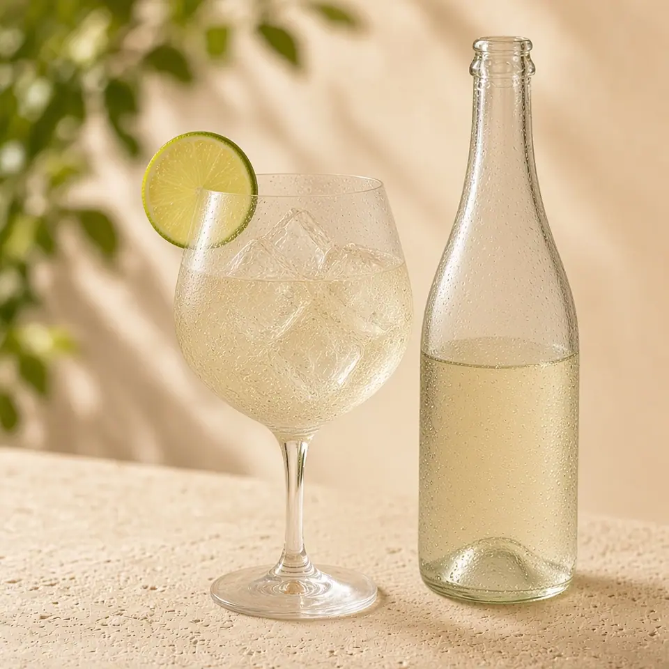 An unlabeled alcohol-free sparkling bottle beside a pale glass.