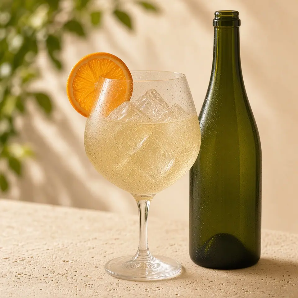An unlabeled prosecco bottle beside a pale bubbly glass.