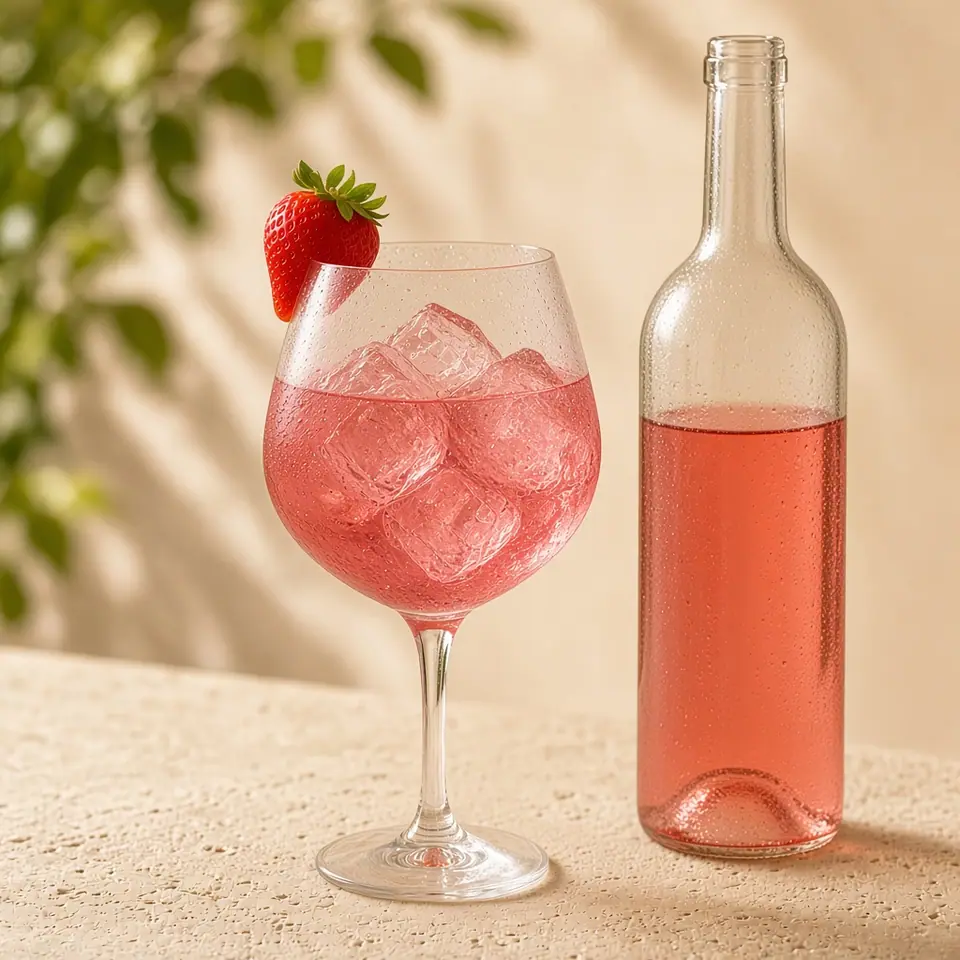 An unlabeled rosé bottle beside a pink spritz.