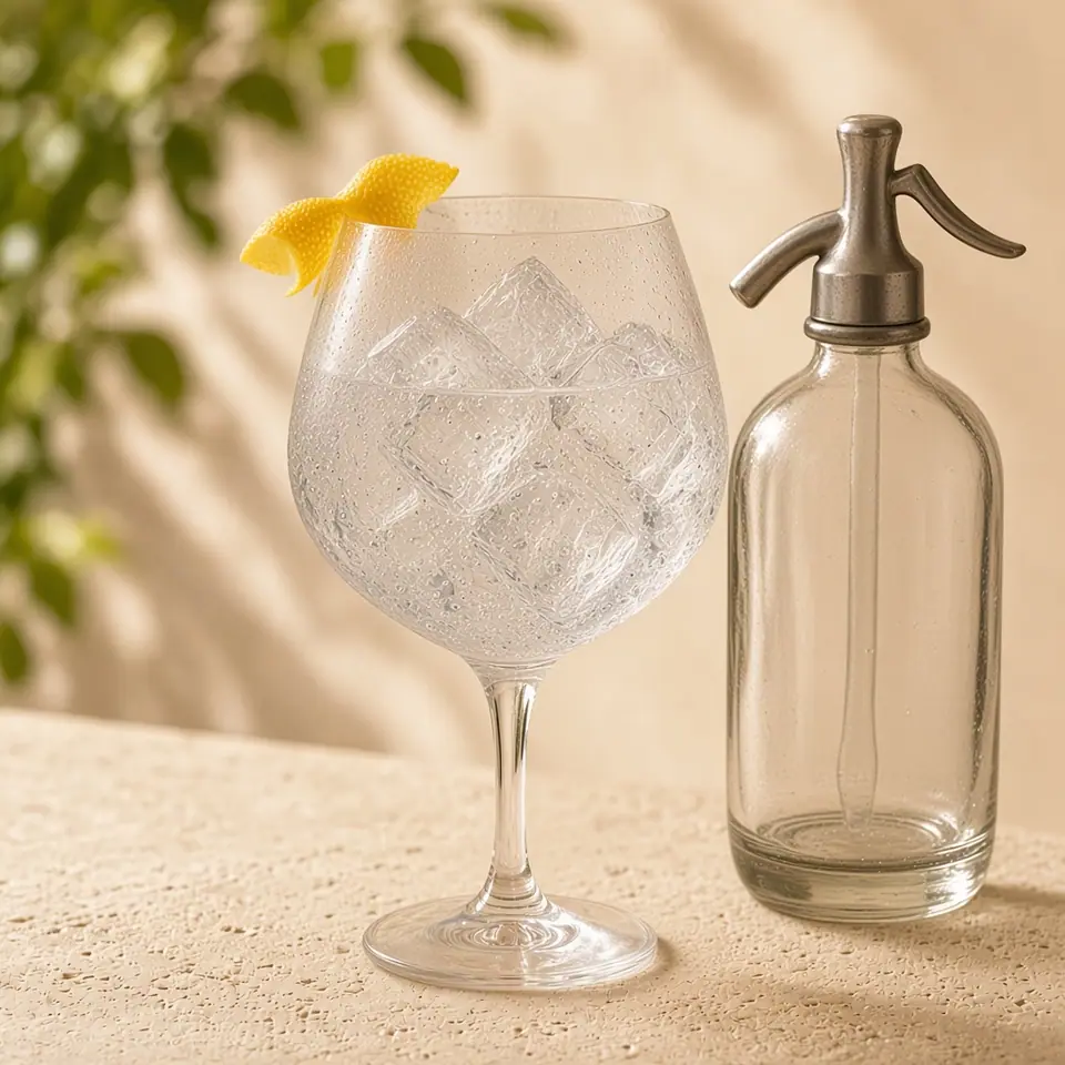 A plain soda siphon beside a clear bubbly glass.