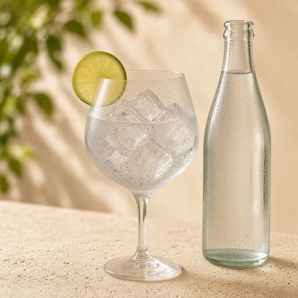 An unlabeled sparkling water bottle beside a clear glass with lime.
