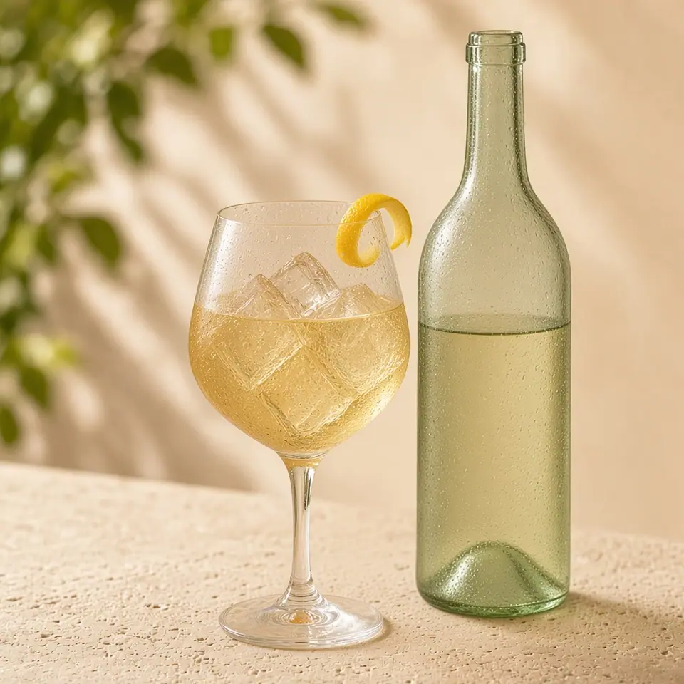 An unlabeled white wine bottle beside a pale gold glass.