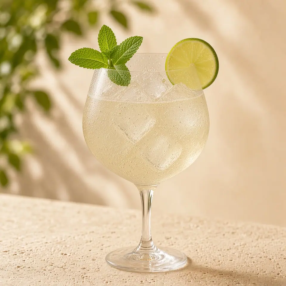 A long, pale brunch Hugo with mint and lime.