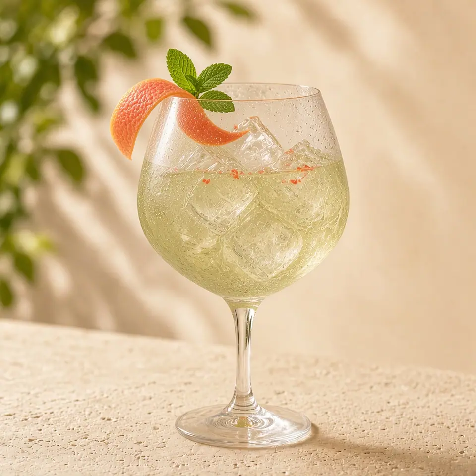 A Hugo Spritz with a grapefruit peel and mint.