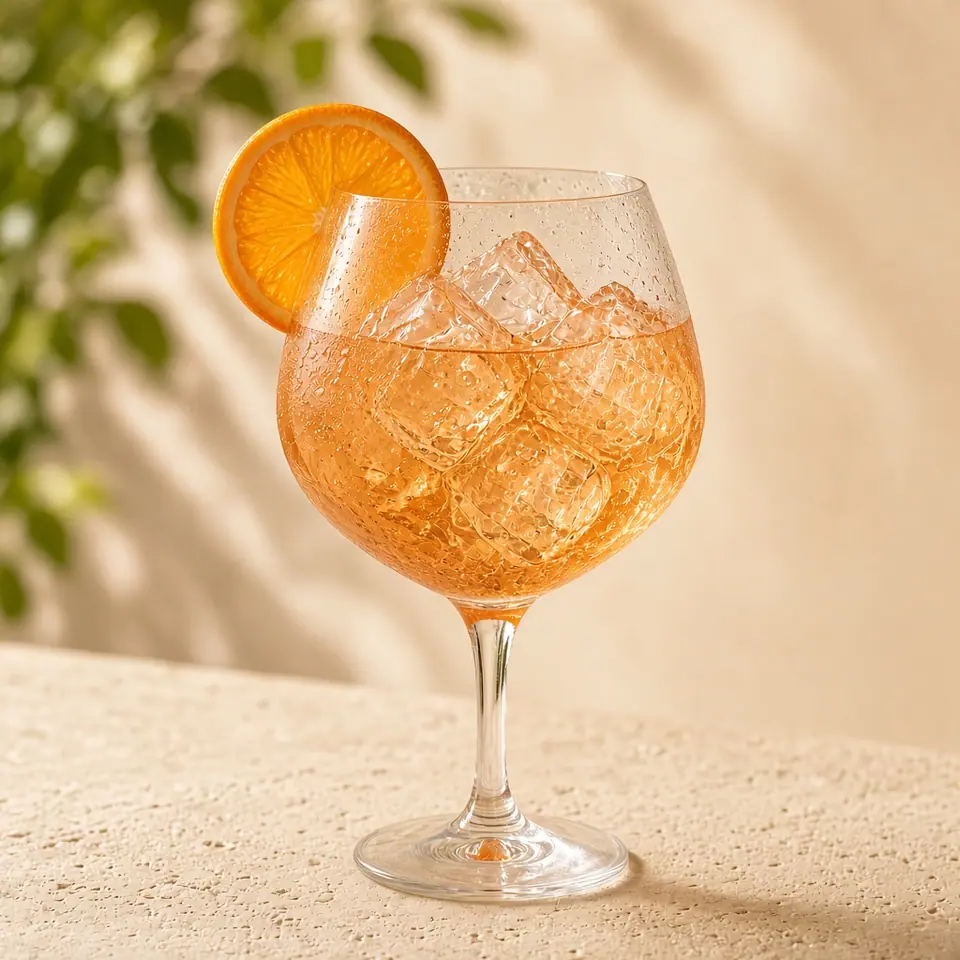 A paler bitter-orange spritz in a wine glass.