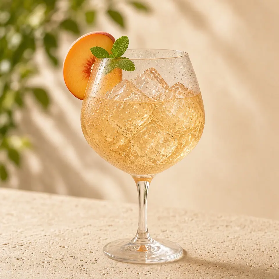 A peach Hugo Spritz with a peach slice and mint.