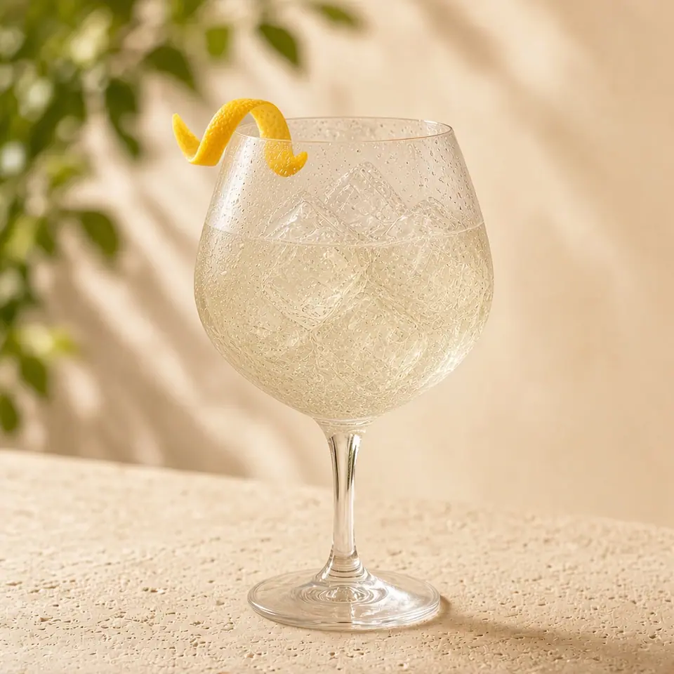 A simple prosecco and soda spritz with a lemon peel.