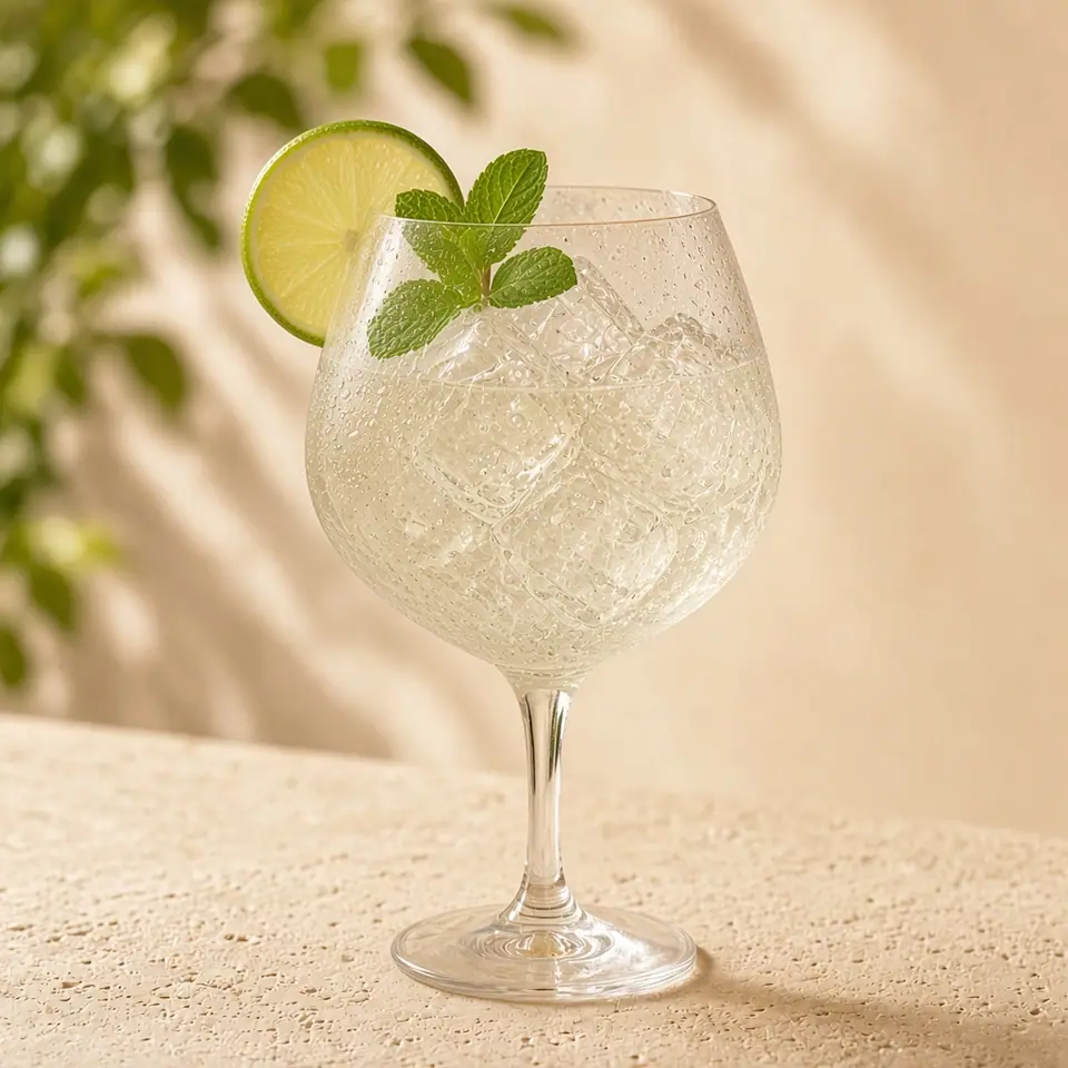 An elderflower soda with mint and lime, served in a wine glass.